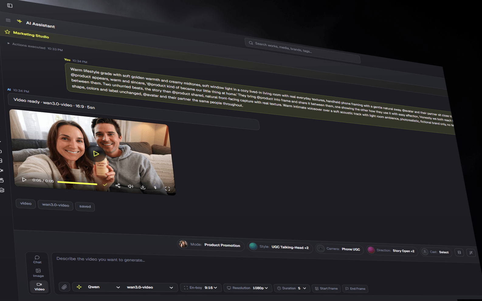 The real AI Assistant producing a finished video from a directed marketing prompt, with generation controls visible.