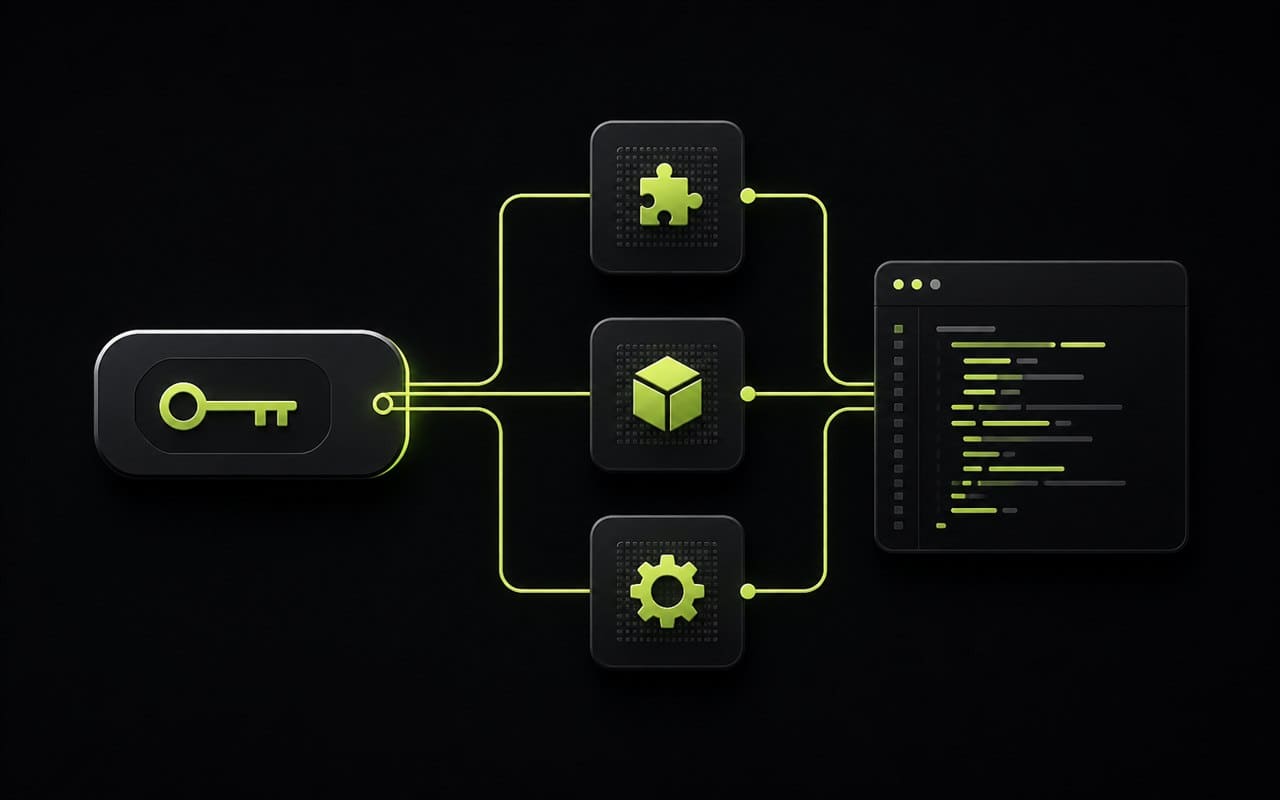 A secure API token connected to modular plugin blocks and a compact code panel.