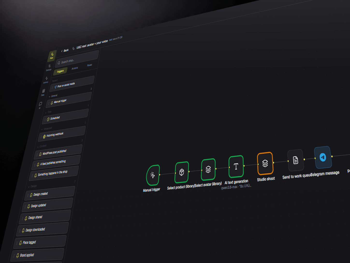 An automation run feed: scheduled posts, one waiting on approval, budget meter visible.