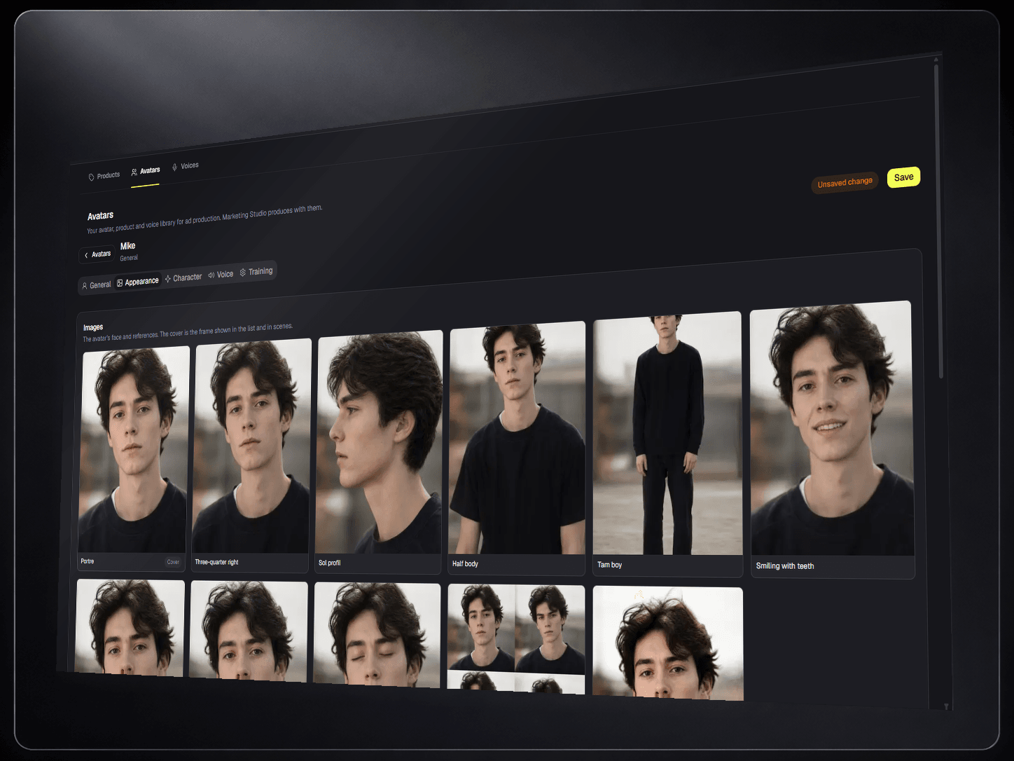 An avatar identity grid: one generated face across several portrait angles and outfits.