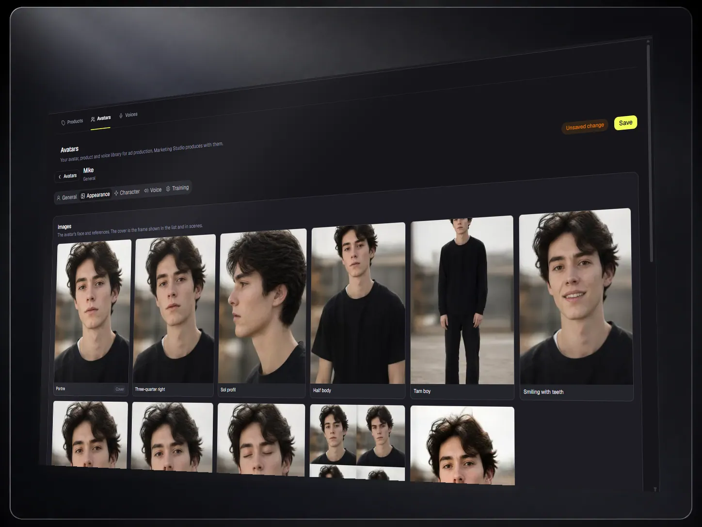 One avatar identity across several portraits and a video frame, same face throughout.
