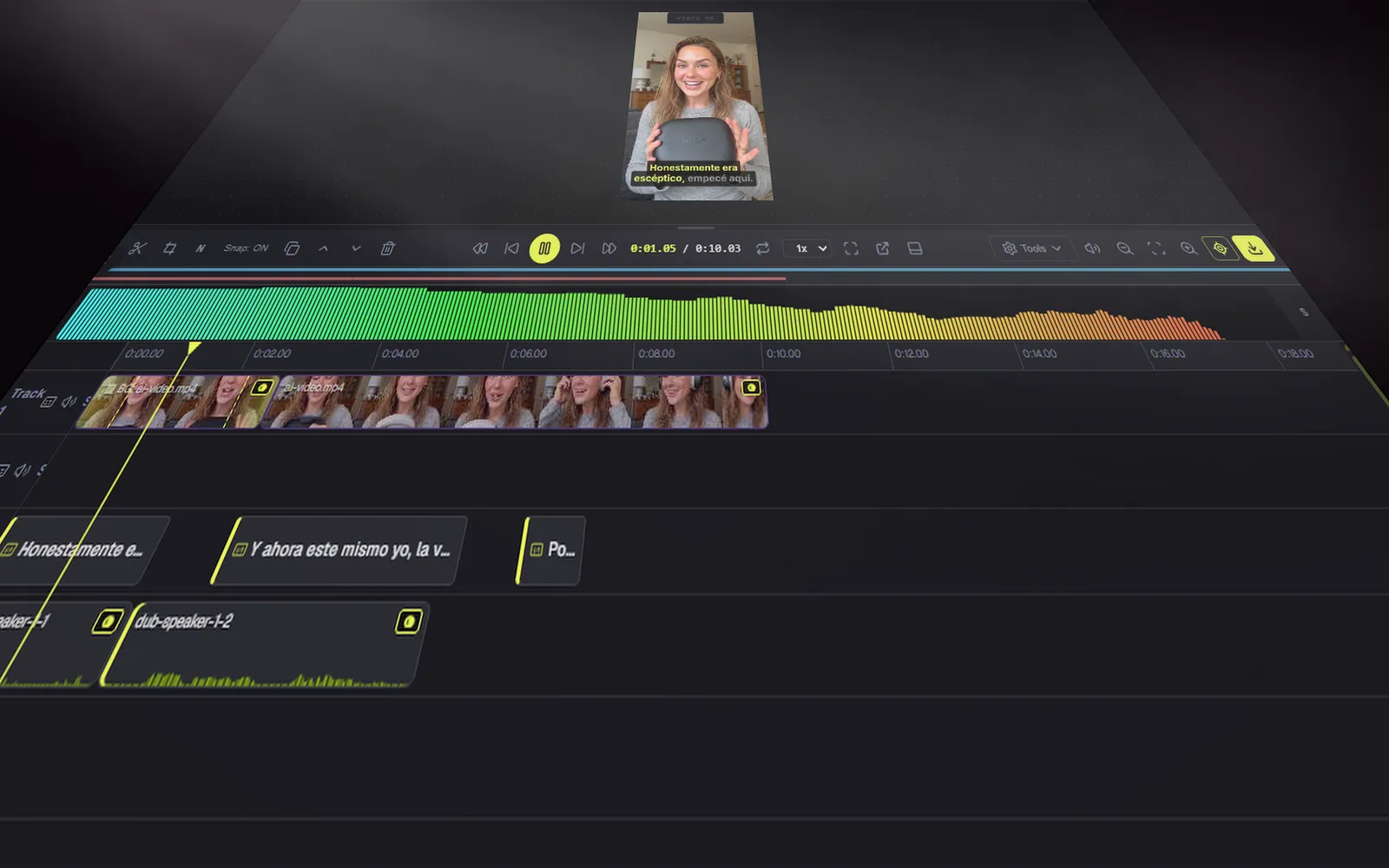 The video editor mid-cut: caption track and silence-cut markers visible.