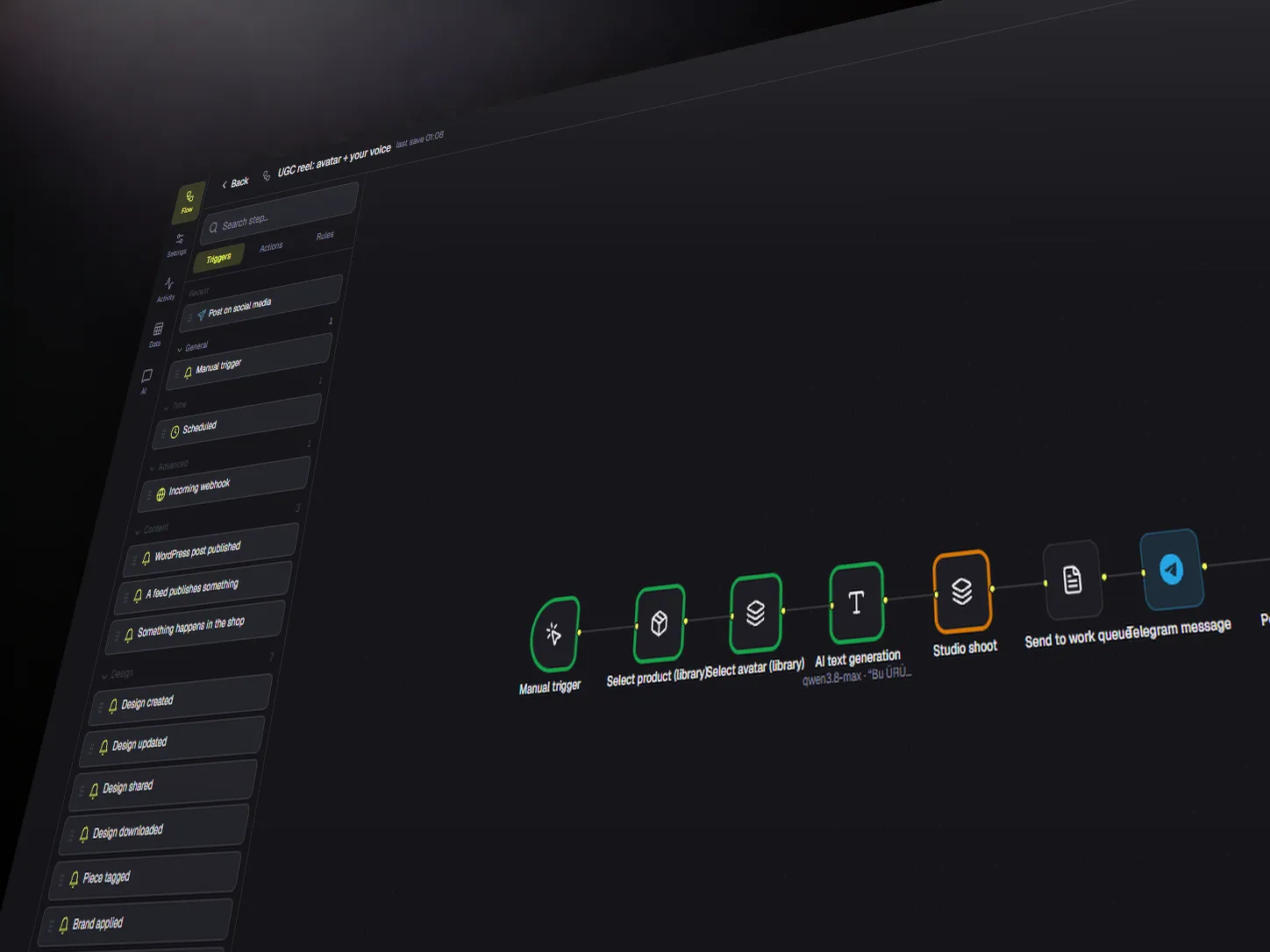 An automation flow: schedule trigger, AI steps, approval gate, publish node.