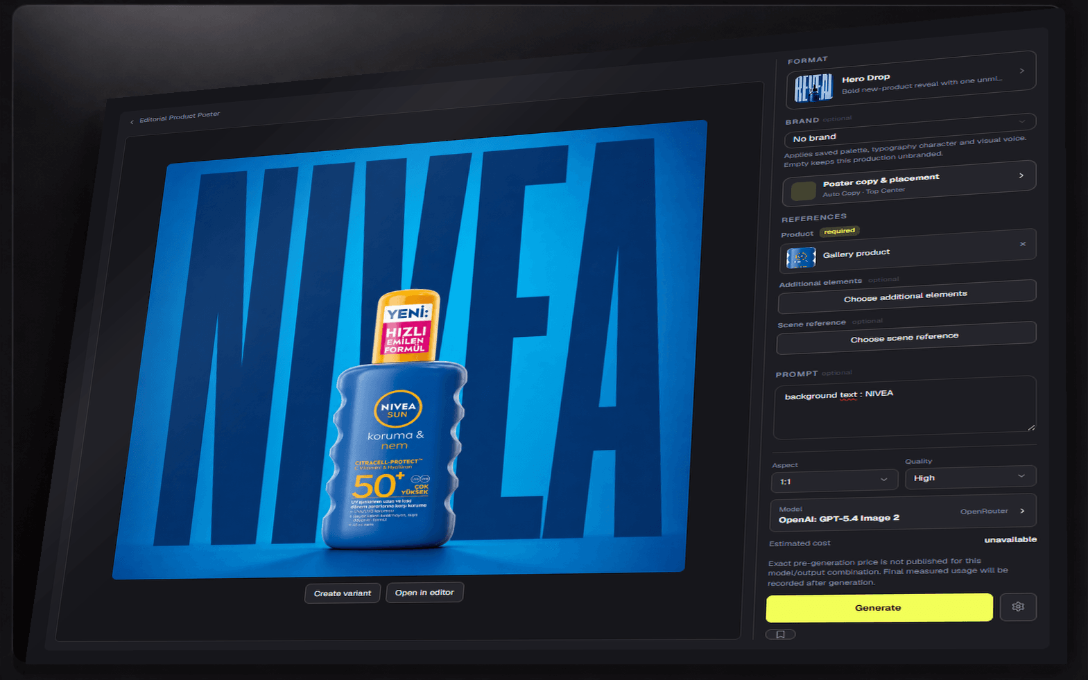 One packshot on the left becoming three finished ad variants on the right, same product, three formats.