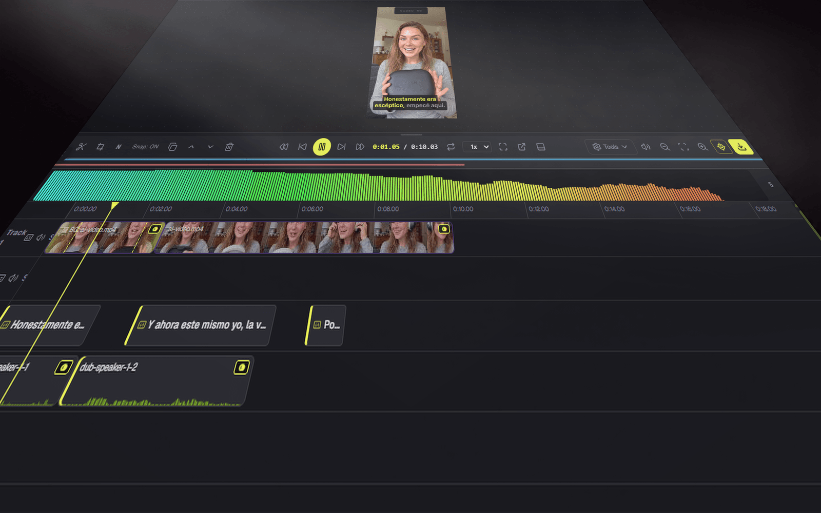 The video workspace: multi-track timeline, program monitor and color scopes on one screen.
